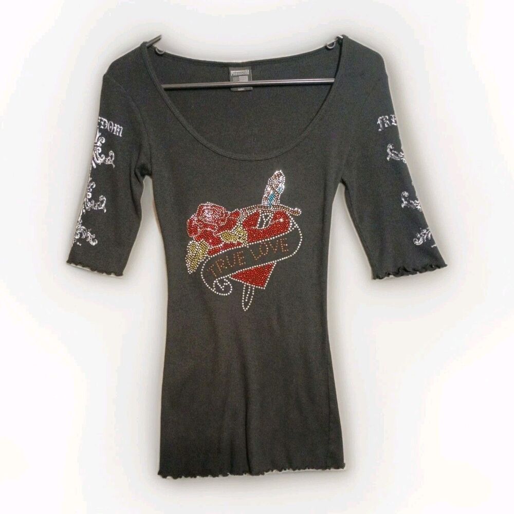 Vtg 90s Y2K Made In USA Freedom Tag Ribbed Short Sleeve Black Studded Top Sz S